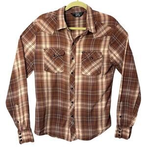 Salt Valley Womens Western Shirt Pearl Snap Closure Brown Teal Plaid Size L